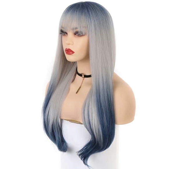 Human hair blend blue Ombré wig main image 6